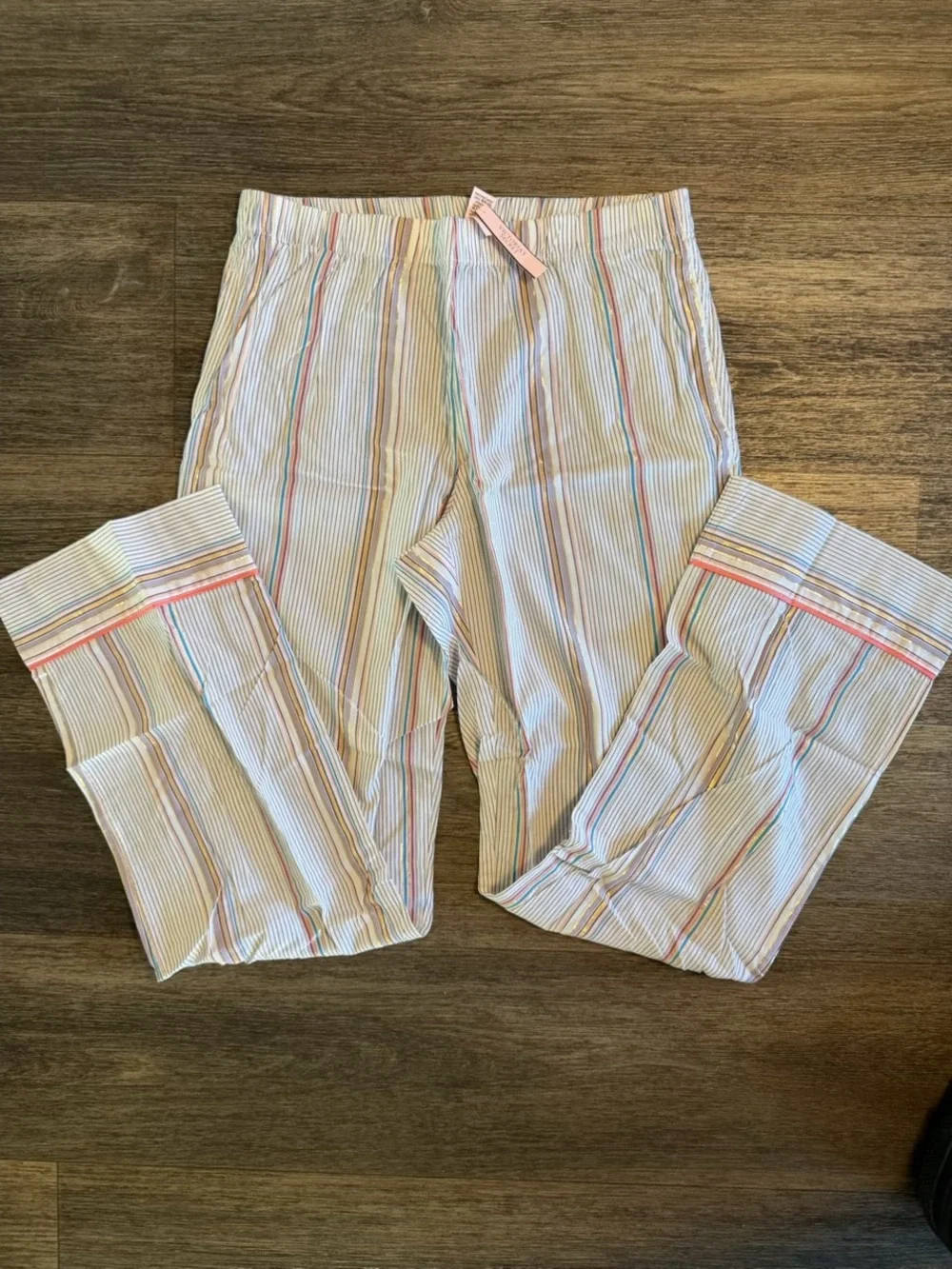 Victoria’s Secret Striped Cotton Pajama Set - White with Pink & Blue Trim